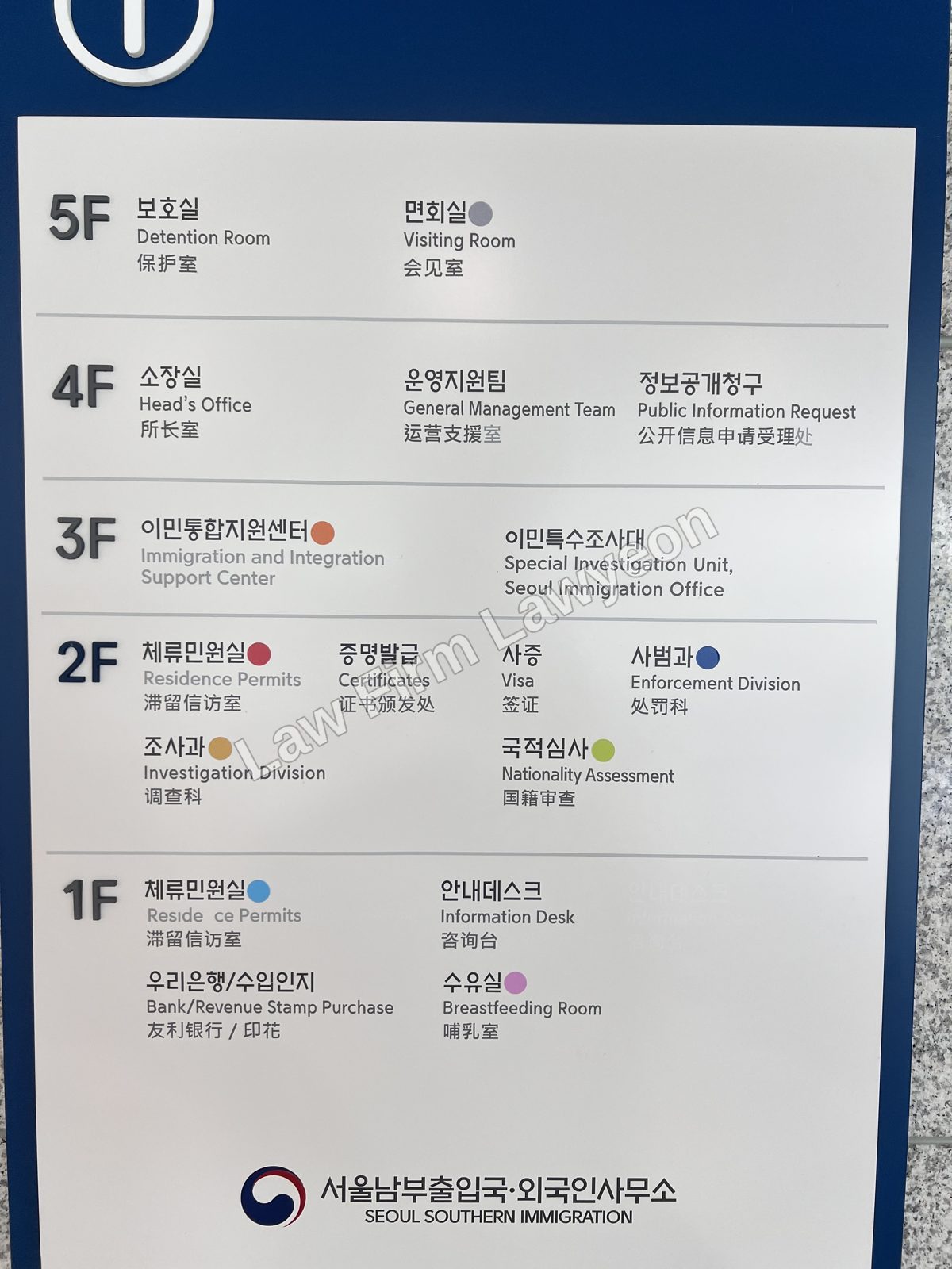 Floor directory of a Korean immigration office